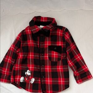 Disney Mickey Mouse Red and Black Plaid Shirt W velvet bow pocket and buttons